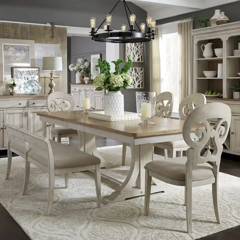 Ensemble de salle à manger avec table à tréteaux 6 pièces "Farmhouse Reimagined" blanc antique et châtaigne