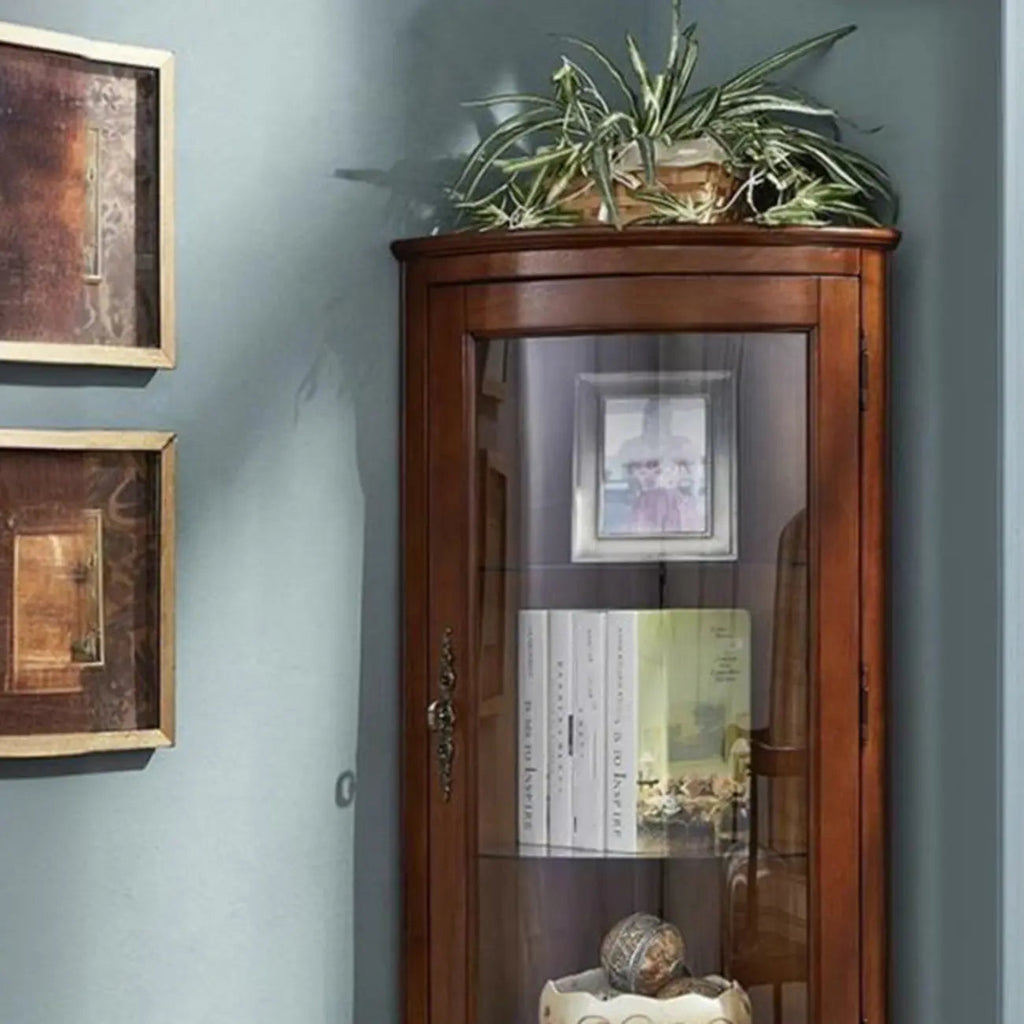 Meuble d'angle classique en bois d'hévéa marron avec porte vitrée