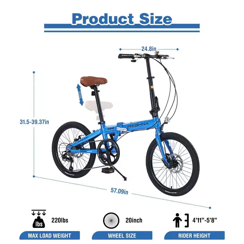 Vélo pliant de ville NAYSAYE 20 pouces, cadre léger en aluminium 7 vitesses pour les trajets quotidiens et les voyages, bleu, 57.09*24.8*39.37
