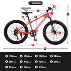 Vélo Okak 24 pouces Fat Tire avec suspension avant, VTT 7 vitesses avec frein à disque et cadre en acier à haute teneur en carbone, Vélo de randonnée pour les trajets quotidiens