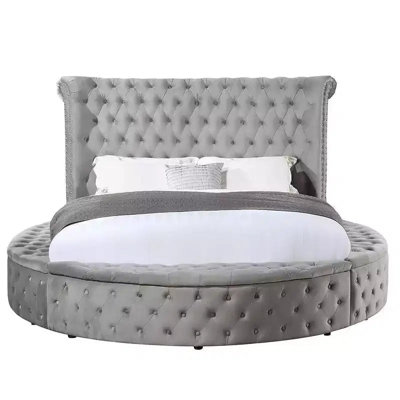 Lit Queen 109 Gaiva, velours gris - Acme Furniture : Design élégant avec clous décoratifs et capitonnage à boutons, cadre en bois composite