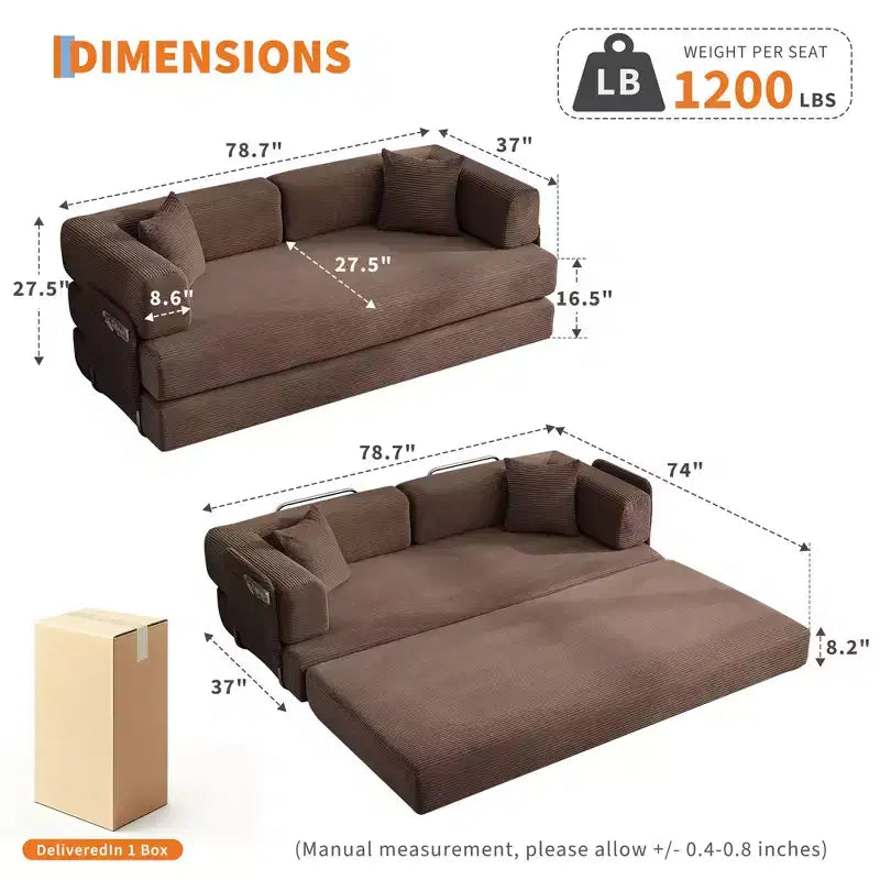 Canapé futon moderne en velours côtelé de 79 po pour petits espaces, canapé-lit convertible 5 en 1 avec accoudoirs et oreillers amovibles