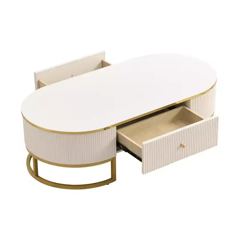 Table basse moderne 47W avec tiroirs, design profilé incurvé, pieds en métal doré, ovale, blanc+doré-ModernLuxe