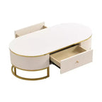 Table basse moderne 47W avec tiroirs, design profilé incurvé, pieds en métal doré, ovale, blanc+doré-ModernLuxe