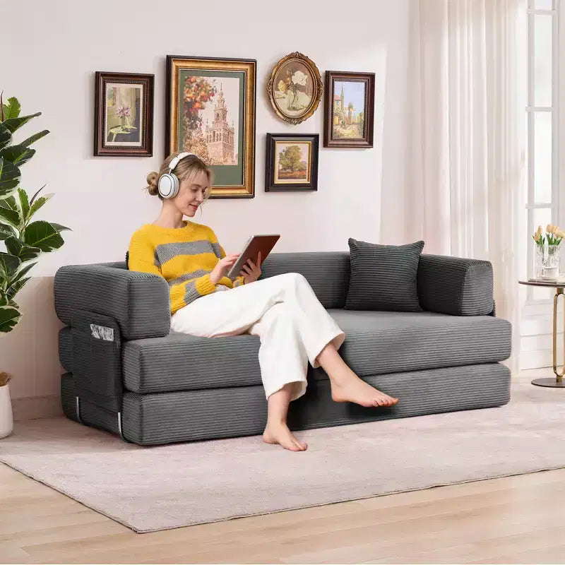 Canapé futon moderne en velours côtelé de 79 po pour petits espaces, canapé-lit convertible 5 en 1 avec accoudoirs et oreillers amovibles