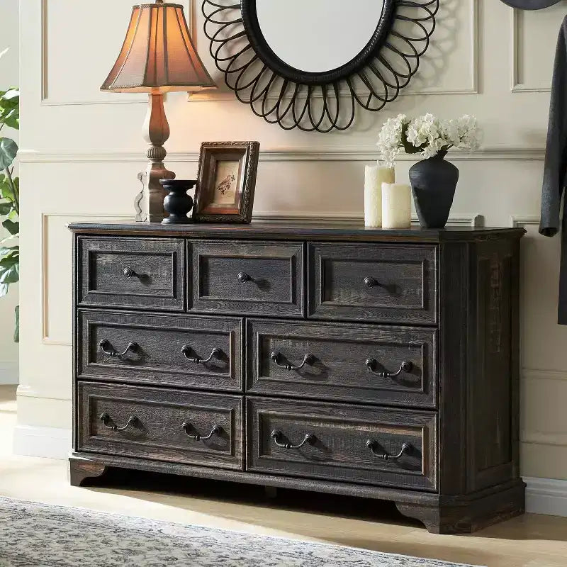 Commode 7 tiroirs de 54 po pour chambre à coucher, coffre de rangement rustique vintage pour salon et couloir