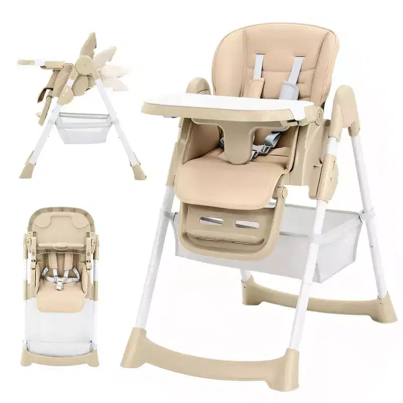 Chaise haute pliable pour bébés et tout-petits, chaise haute en cuir PU avec dossier réglable, hauteur d'assise, plateau amovible, harnais de sécurité 5 points et roues verrouillables