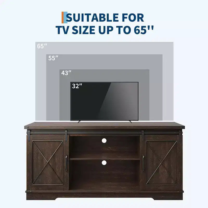 Meuble TV de style ferme pour téléviseurs jusqu'à 65 pouces, meuble de divertissement avec portes coulissantes de grange et armoires de rangement, console multimédia pour salon, chambre à coucher