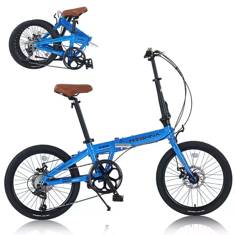 Vélo pliant de ville NAYSAYE 20 pouces, cadre léger en aluminium 7 vitesses pour les trajets quotidiens et les voyages, bleu, 57.09*24.8*39.37