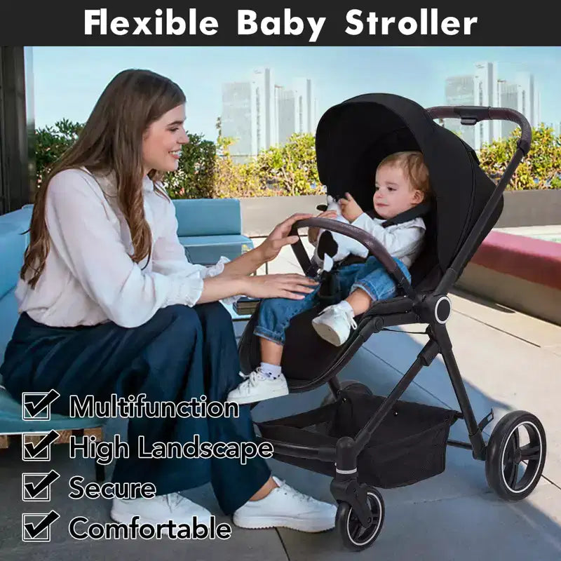 Poussette Bébé, Poussette Pliante - Poussette Haute pour Nouveau-né et Tout-petit, Landau Convertible avec Dossier Réversible