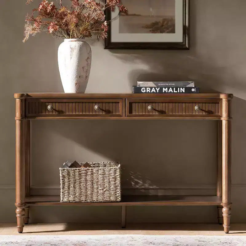 Console 47,2" en noyer avec 2 tiroirs cannelés et étagère inférieure