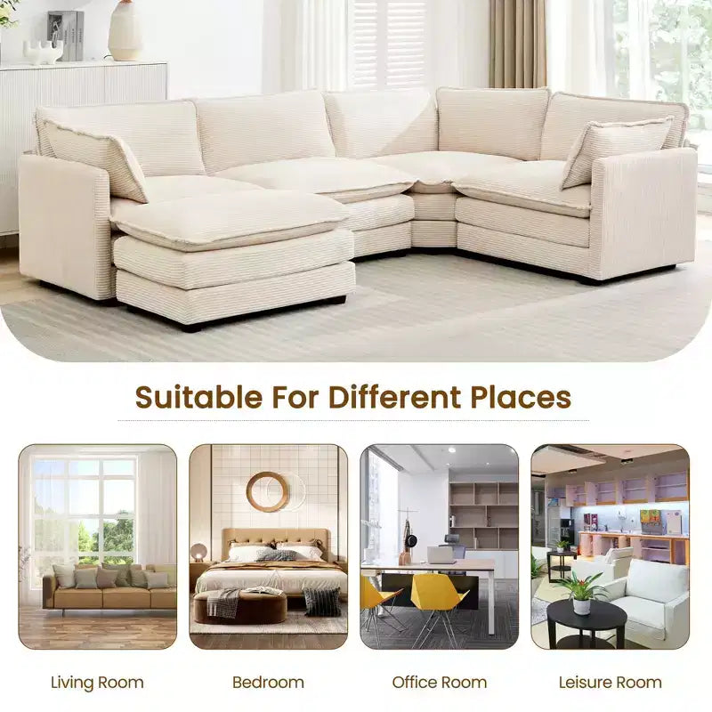 Canapé modulaire moderne 5 places en velours côtelé, surdimensionné, 113,4 po (L) x 79,13 po (l), avec pouf, canapé en U avec coin salon, HYLEORY
