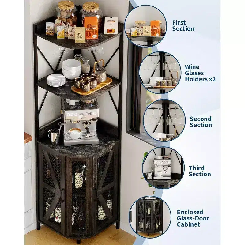 Meuble de bar d'angle Garvee à 5 niveaux, meuble à liqueurs de 181,6 cm de haut avec lumières LED pour la maison