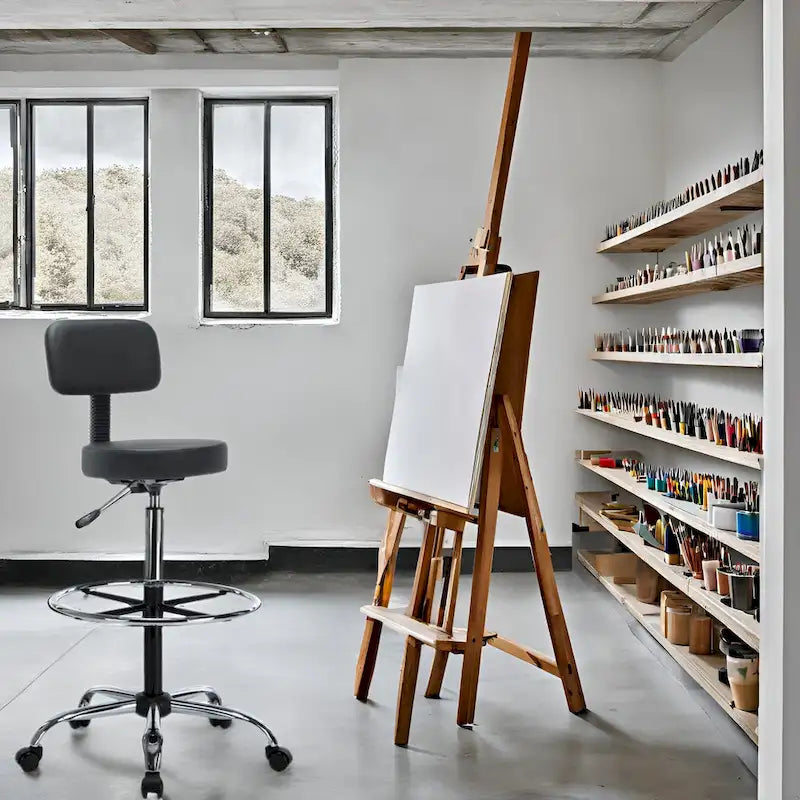 Tabouret de dessinateur réglable en hauteur - Avec cuir de qualité supérieure, roulettes pivotantes