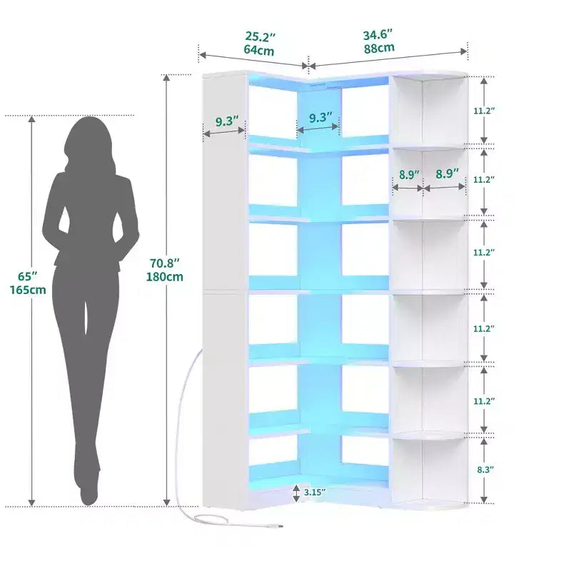 Étagère à 6 niveaux avec lumière LED, bibliothèque moderne de 180 cm, étagère d'angle en forme de L, meuble de rangement et de présentation.