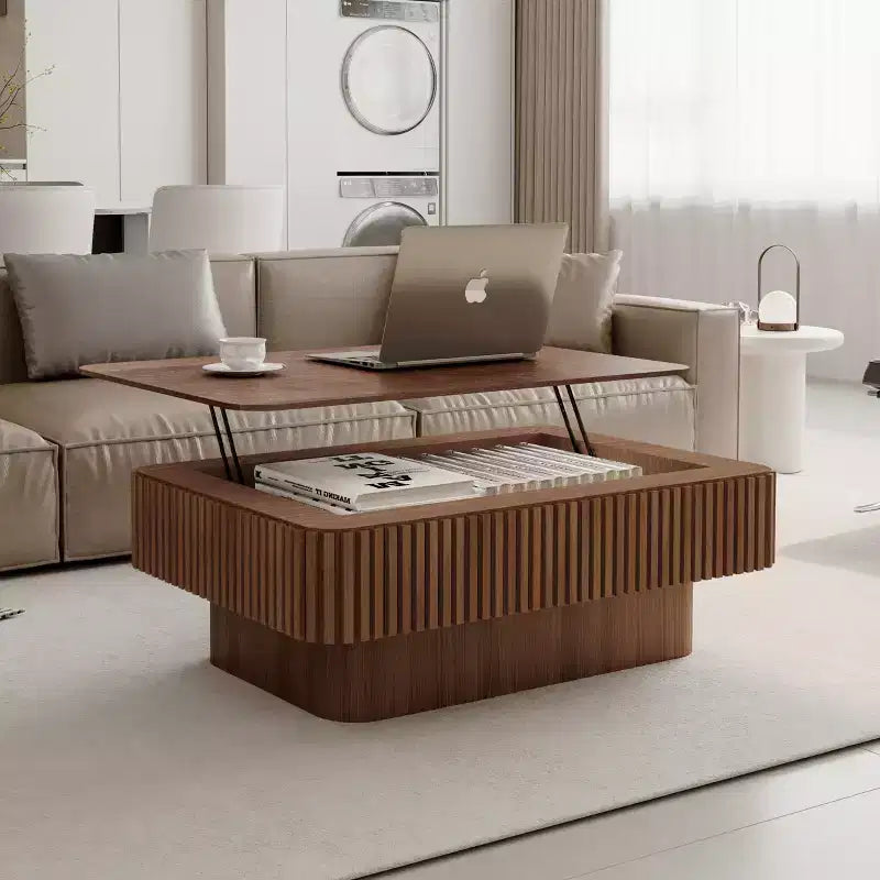JVNOXK Table basse relevable rainurée 38,6 po avec rangement, table d'appoint moderne à hauteur réglable en placage de bois massif pour salon, chambre, noyer