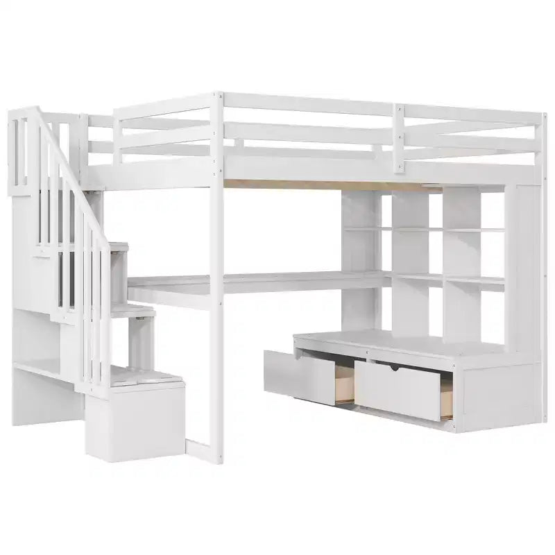 Lit mezzanine pleine grandeur avec escalier et bureau, cadre de lits mezzanine en bois avec tiroirs de rangement et étagères pour adultes, adolescents et enfants