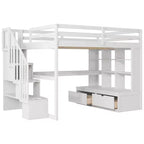 Lit mezzanine pleine grandeur avec escalier et bureau, cadre de lits mezzanine en bois avec tiroirs de rangement et étagères pour adultes, adolescents et enfants