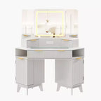 Coiffeuse d'angle 47 po avec miroir et lumière, table de maquillage en bois avec plateau en verre et station de charge, coiffeuse pour chambre à coucher