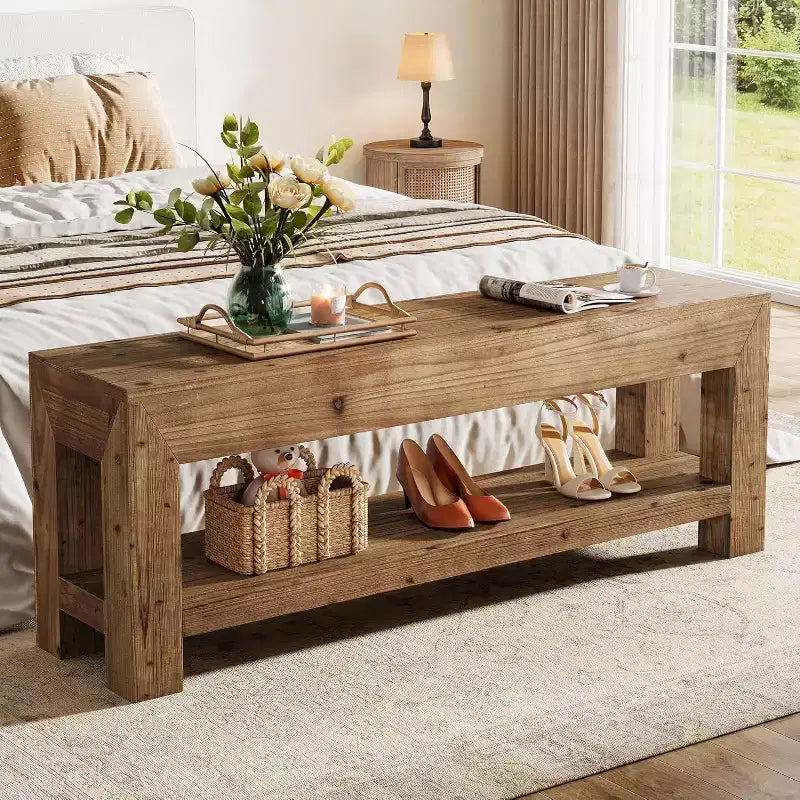 Banc d'entrée en bois massif de 47,24 po avec étagères ouvertes, brun rustique