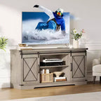 Meuble TV de style ferme pour téléviseurs jusqu'à 65 pouces, meuble de divertissement avec portes coulissantes de grange et armoires de rangement, console multimédia pour salon, chambre à coucher