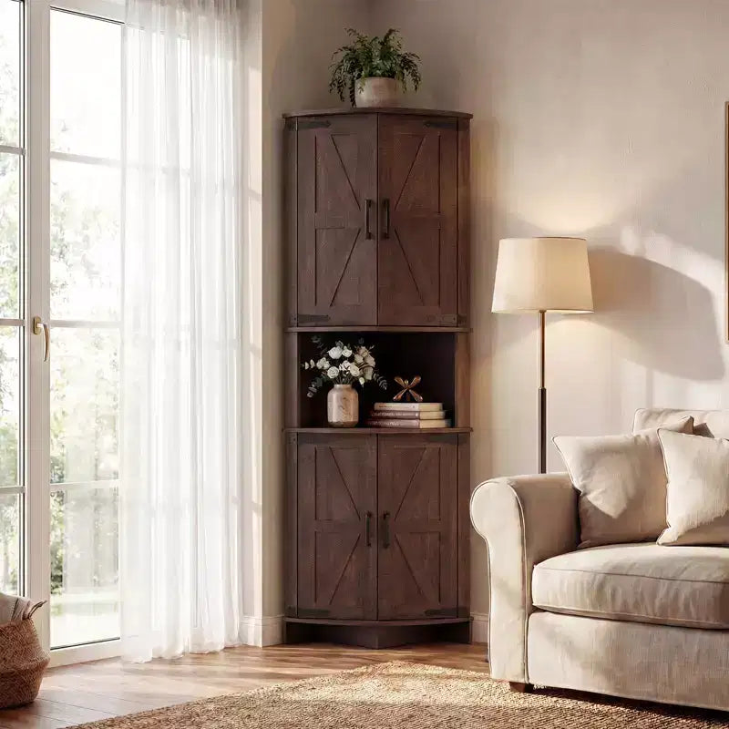 64,8" Meuble d'Angle Haut avec Portes, Armoire de Rangement d'Angle Marron Style Ferme, Meuble Garde-Manger d'Angle Autonome avec Étagères Réglables