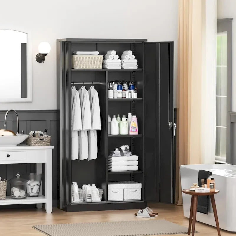Armoire de rangement en métal verrouillable de 72 po de haut avec tringle de suspension pour garage, salle de sport, bureau à domicile