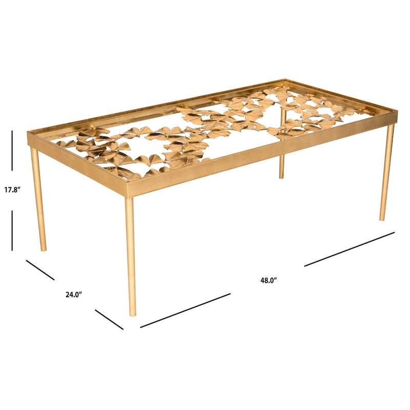 Table basse en feuilles d'or vieil or, 48 L x 24 P x 18 H
