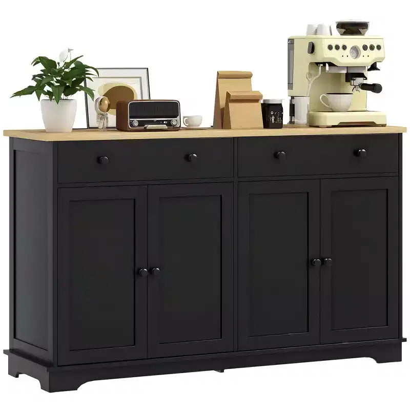 Buffet bas HOMCOM avec rangements, Meuble de cuisine moderne avec 4 portes, 2 tiroirs et 2 étagères réglables, Meuble de bar à café