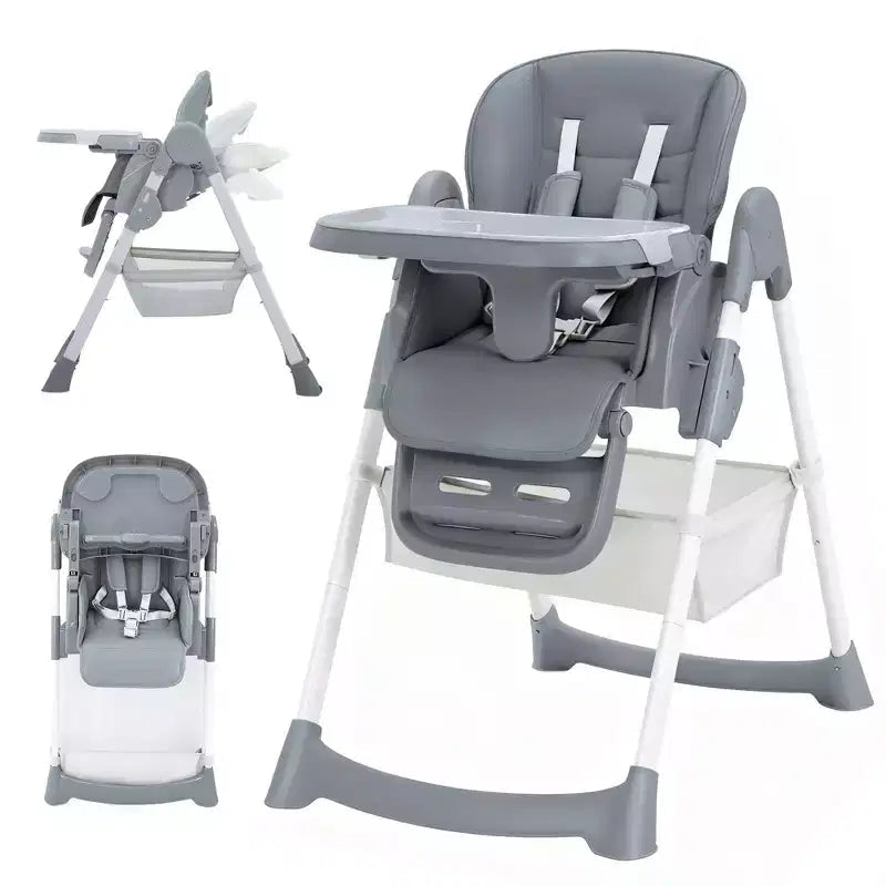 Chaise haute pliable pour bébés et tout-petits, chaise haute en cuir PU avec dossier réglable, hauteur d'assise, plateau amovible, harnais de sécurité 5 points et roues verrouillables