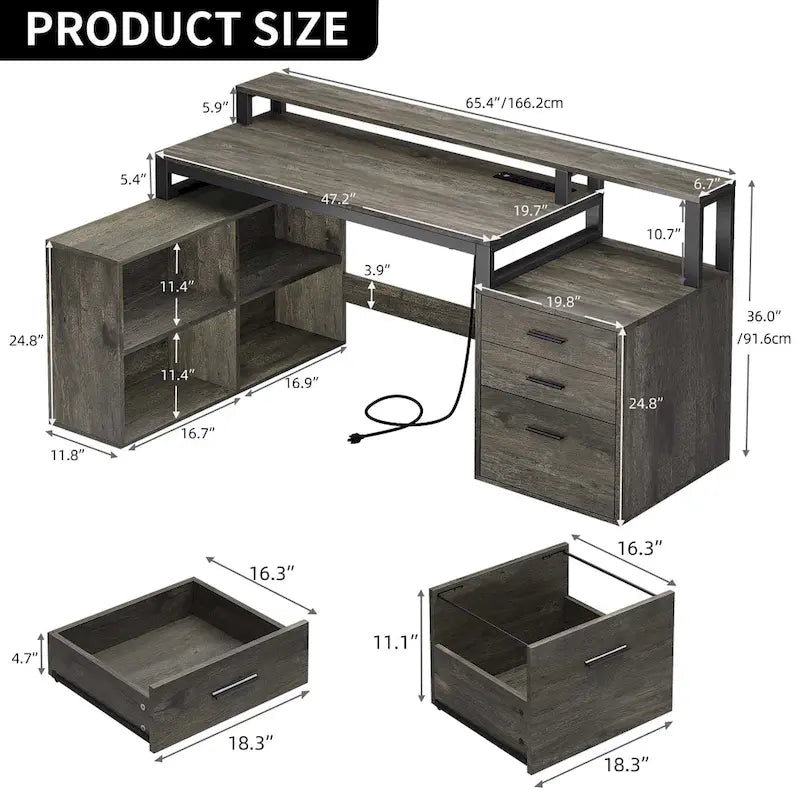 Bureau d'angle en L de 165 cm avec LED RVB, support d'écran et armoire de rangement – 1 personne | Blanc / Chêne / Gris anthracite / Noir