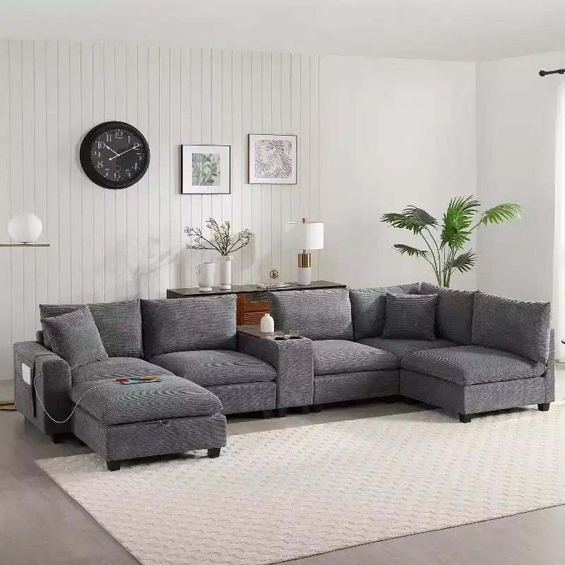 Canapé sectionnel modulaire surdimensionné Clihome 140 avec pouf de rangement mobile, porte-gobelet, assise large, chargeur USB, canapé en velours côtelé en forme de U à 6 places