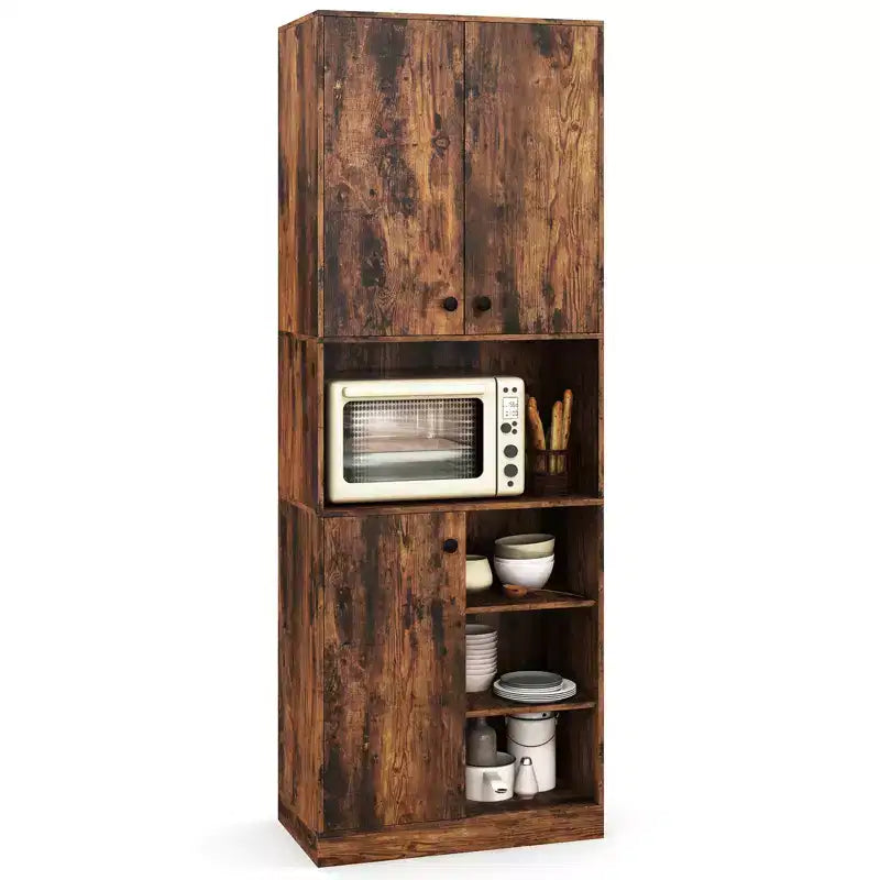 Meuble de rangement pour garde-manger Costway 166,4 cm de haut, meuble de cuisine moderne avec support micro-ondes marron/blanc