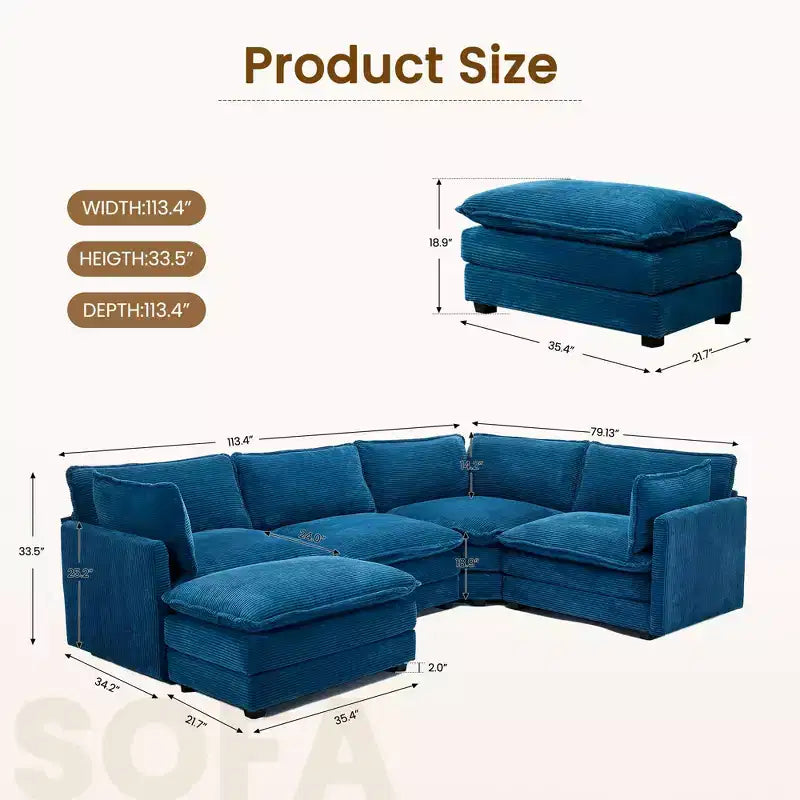 Canapé modulaire moderne 5 places en velours côtelé, surdimensionné, 113,4 po (L) x 79,13 po (l), avec pouf, canapé en U avec coin salon, HYLEORY