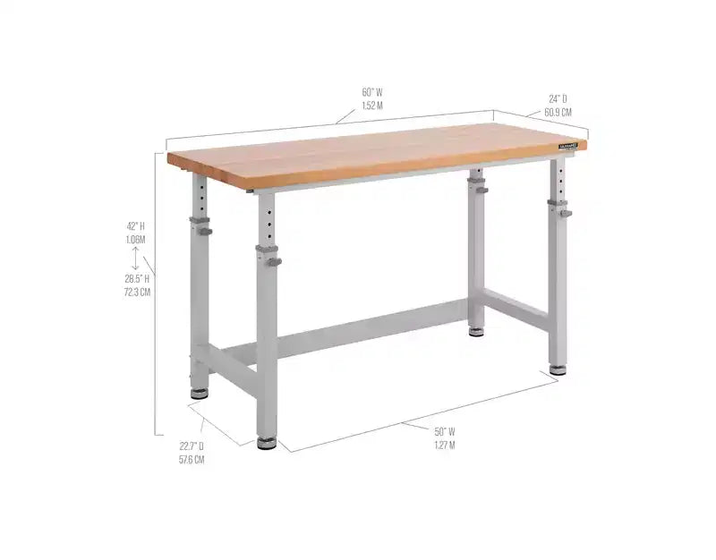 Établi robuste avec plateau en bois et hauteur réglable de 60 po