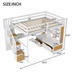 Lit mezzanine pleine grandeur avec escalier et bureau, cadre de lits mezzanine en bois avec tiroirs de rangement et étagères pour adultes, adolescents et enfants
