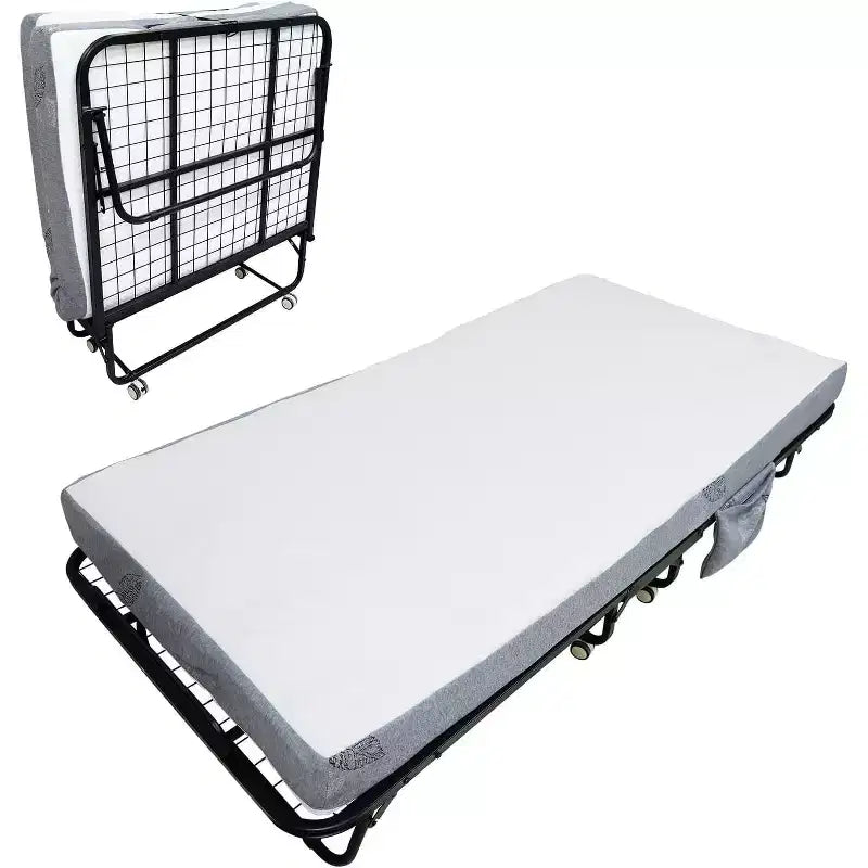Lit pliant avec matelas pour adultes, lits d'appoint portables, lit pliant avec cadre en métal, matelas en mousse à mémoire de forme 5 et poche de rangement latérale