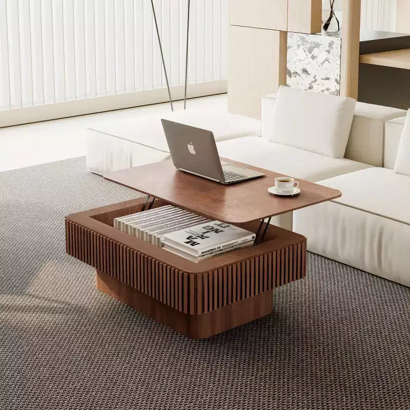 JVNOXK Table basse relevable rainurée 38,6 po avec rangement, table d'appoint moderne à hauteur réglable en placage de bois massif pour salon, chambre, noyer