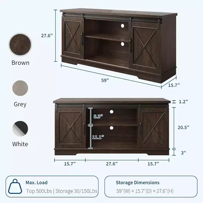 Meuble TV de style ferme pour téléviseurs jusqu'à 65 pouces, meuble de divertissement avec portes coulissantes de grange et armoires de rangement, console multimédia pour salon, chambre à coucher