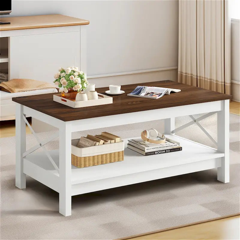 Table basse d'appoint en bois style rustique avec grande étagère de rangement