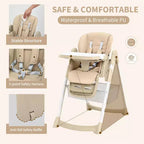 Chaise haute pliable pour bébés et tout-petits, chaise haute en cuir PU avec dossier réglable, hauteur d'assise, plateau amovible, harnais de sécurité 5 points et roues verrouillables
