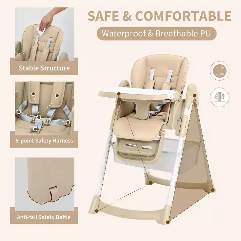 Chaise haute pliable pour bébés et tout-petits, chaise haute en cuir PU avec dossier réglable, hauteur d'assise, plateau amovible, harnais de sécurité 5 points et roues verrouillables