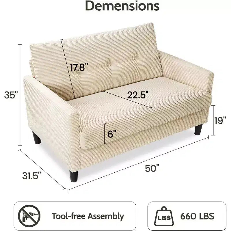 Dyonery 50, canapé Loveseat, 2 places pour bureau et petits espaces, assise profonde de 61 cm, cadre en bois massif certifié FSC, assemblage sans outils