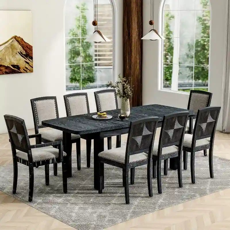 Ensemble de salle à manger extensible 9 pièces avec rallonge amovible de 61 cm, 6 chaises de salle à manger sans accoudoirs rembourrées et 2 fauteuils rembourrés