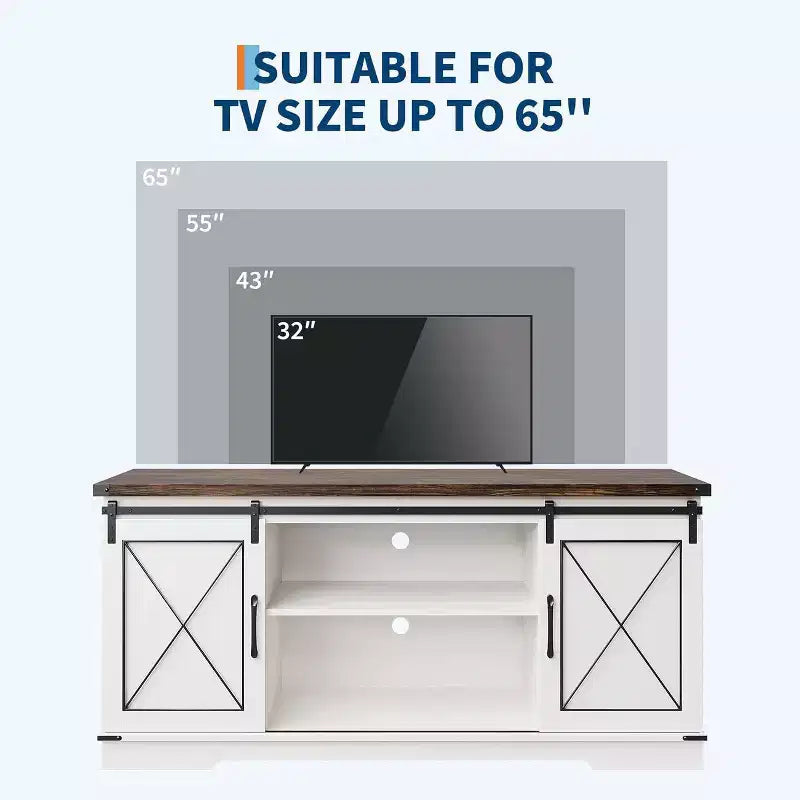 Meuble TV de style ferme pour téléviseurs jusqu'à 65 pouces, meuble de divertissement avec portes coulissantes de grange et armoires de rangement, console multimédia pour salon, chambre à coucher