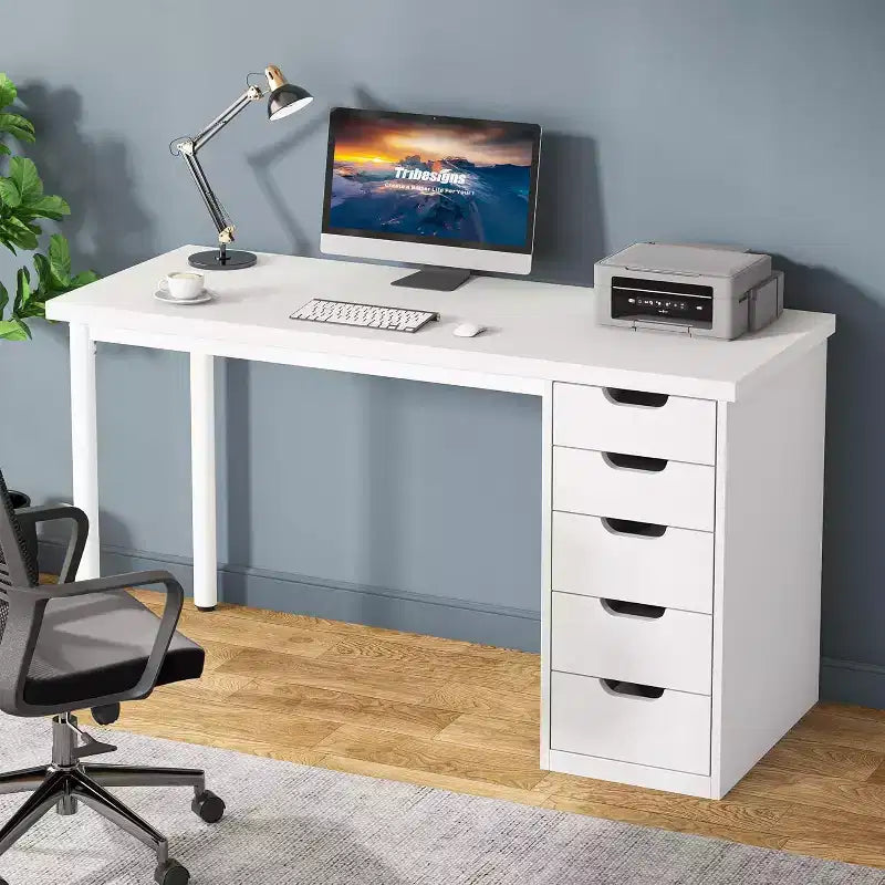 Bureau d'ordinateur Lantine avec 5 tiroirs, bureau moderne et simple de 119 cm pour la maison, le bureau et l'étude, idéal pour les petits espaces