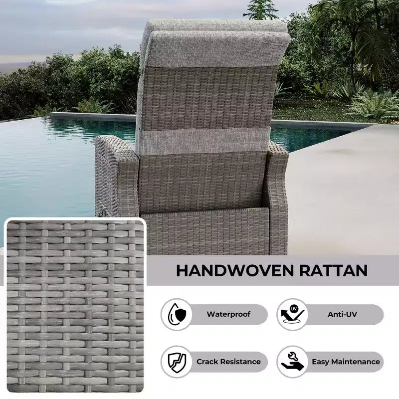 Fauteuil inclinable en osier intérieur/extérieur avec table rabattable, pompe à air, 155° à plat, chaise longue inclinable en osier réglable avec dossier et repose-pieds