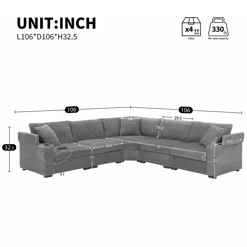 Canapé d'angle modulable en velours côtelé 106 avec accoudoir, rangement, porte-gobelets, chargeur USB et canapé modulaire surdimensionné confortable