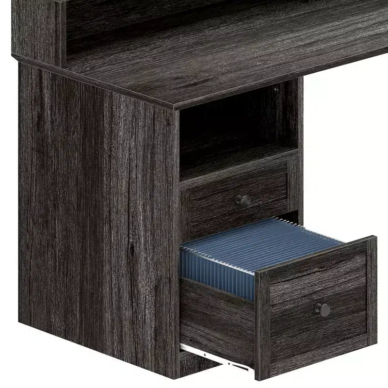 Bureau d'angle en L Balconera avec tiroirs, bureau d'ordinateur d'angle de 60 pouces avec prises de courant et plateau élévateur avec armoire de rangement et lumières LED Gris