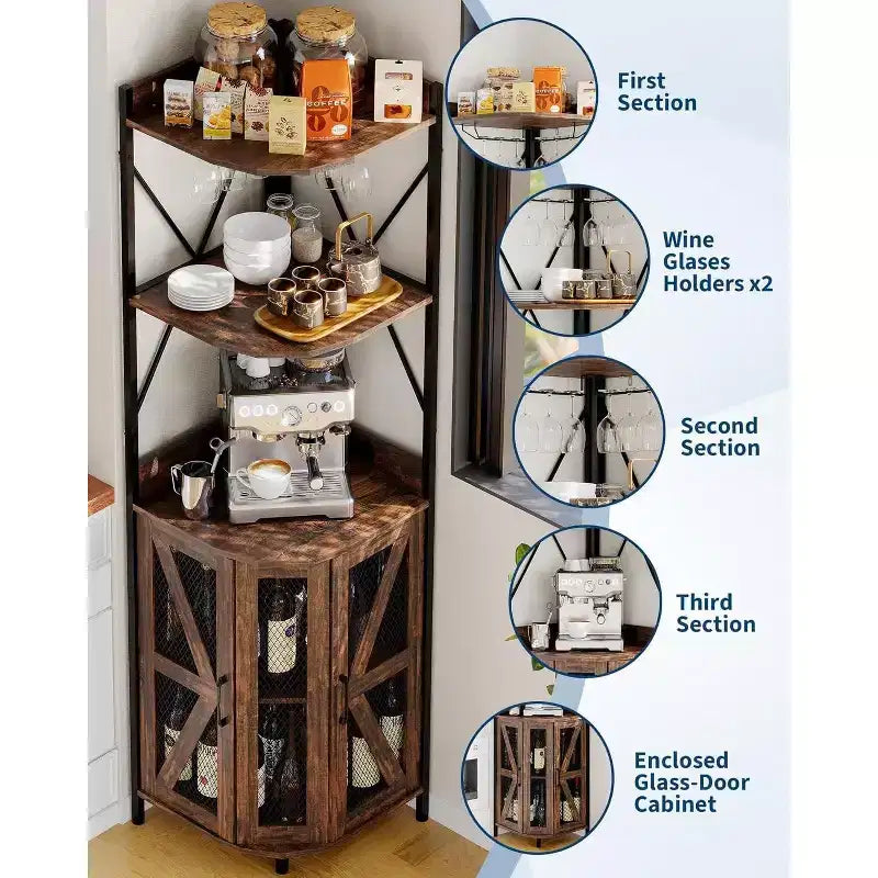 Meuble de bar d'angle Garvee à 5 niveaux, meuble à liqueurs de 181,6 cm de haut avec lumières LED pour la maison